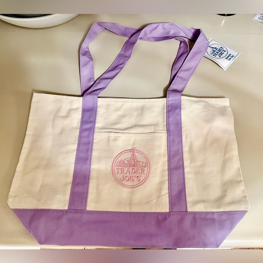 Large Trader Joe’s Lavender & Cream Canvas Tote Bag